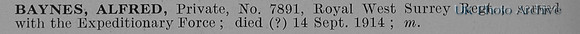 Baynes A Pte 7891 1st Queen's Royal West Surrey Regiment Obit