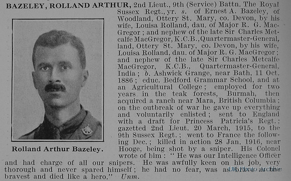 Bazeley R A 2nd Lt 9th Royal Sussex Regiment Obit