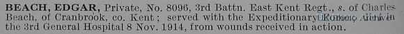 Beach E Pte 8096 3rd East Kent Regiment Obit