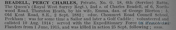 Beadell P C Pte G/18 6th Queens Royal West Surrey Regiment Obit