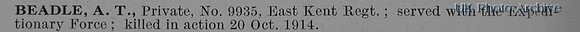 Beadle A T Pte 9935 1st East Kent Regiment Obit
