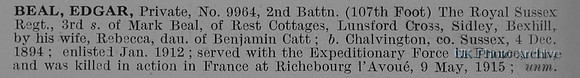 Beal E Pte 9964 2nd Royal Sussex Regiment Obit