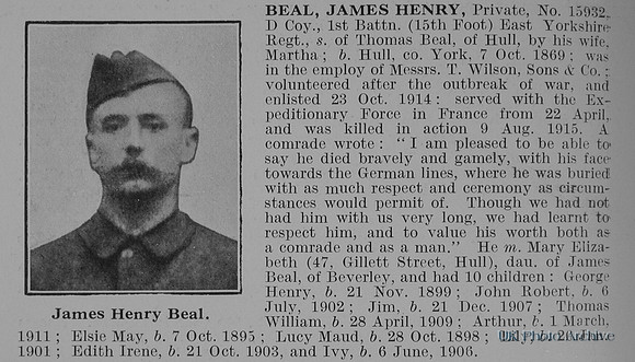 Beal J H Pte 15932 1st East Yorkshire Regiment Obit