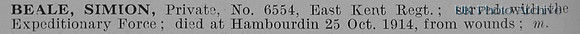 Beale S Pte 6554 1st East Kent Regiment Obit