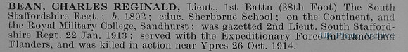 Bean C R Lt 1st South Staffs Regiment Obit