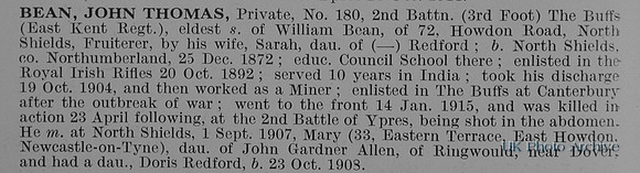 Bean J T Pte 180 2nd East Kent Regiment Obit