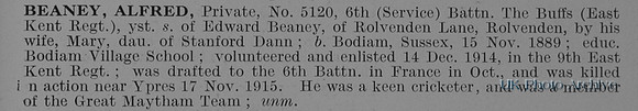 Beaney A Pte 5120 6th East Kent Regiment Obit