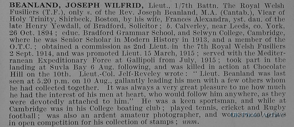 Beanland J W Lt 7th Royal Welsh Fusiliers Obit