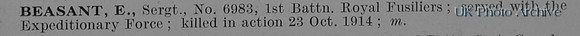 Beasant E Sergt 6983 1st Royal Fusiliers Obit