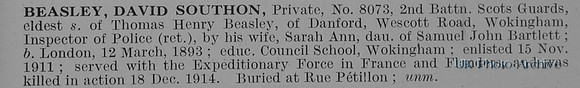 Beasley D S Pte 8073 2nd Scots Guards Obit