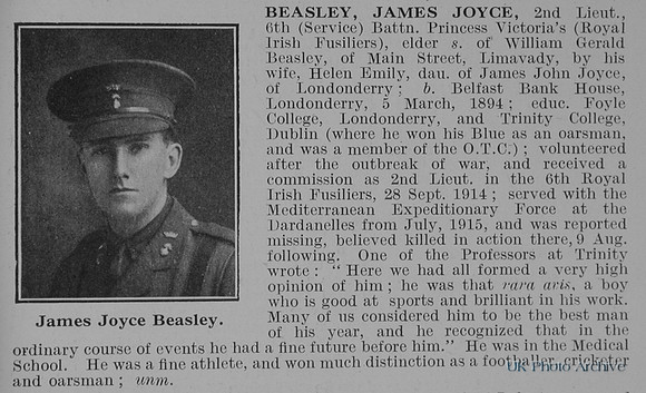 Beasley J J 2nd Lt 6th Royal Irish Fusiliers Obit