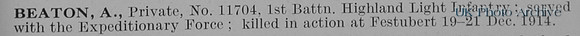 Beaton A Pte 11704 1st Highland Light Infantry Obit