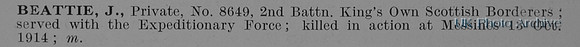 Beattie J Pte 8649 2nd Kings Own Scottish Borderers Obit