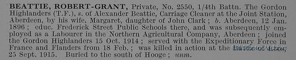 Beattie R G Pte 2550 4th Gordon Highlanders Obit