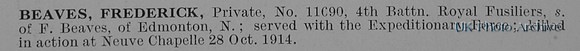 Beaves F Pte 11690 4th Royal Fusiliers Obit