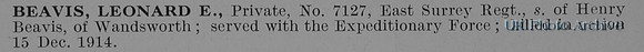 Beavis L E Pte 7127 1st East Surrey Regiment Obit
