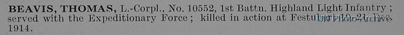 Beavis T L/Cpl 10552 1st Highland Light Infantry Obit