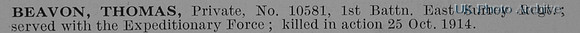 Beavon T Pte 10581 1st East Surrey Regiment Obit