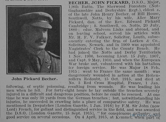 Becher J P Major DSO 8th Notts And Derby Regiment Obit Part 1