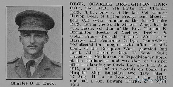 Beck C B H 2nd Lt 7th Cheshire Regiment Obit