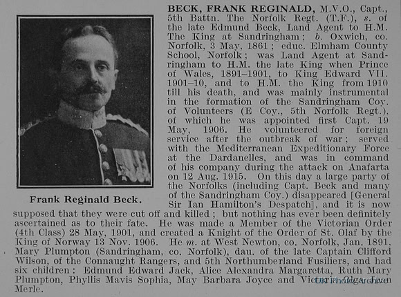 Beck F R Captain MVO 5th Norfolk Regiment Obit
