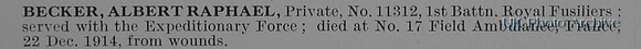Becker A R Pte 11312 1st Royal Fusiliers Obit