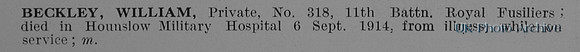Beckley W Pte 318 11th Royal Fusiliers Obit