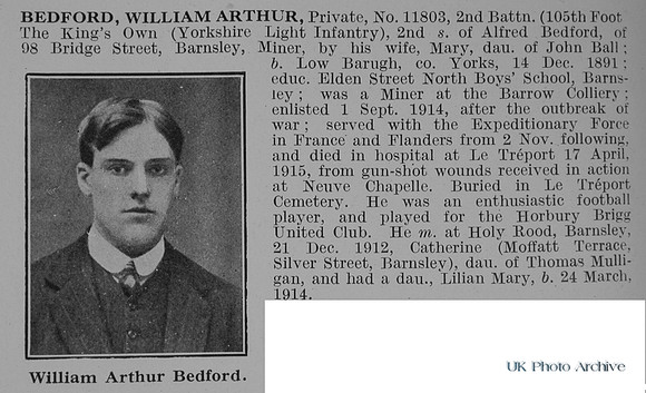Bedford W A Pte 11803 2nd Kings Own Yorkshire Light Infantry Obit