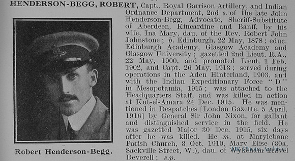 Henderson-Begg R Captain Royal Garrison Artillery Obit