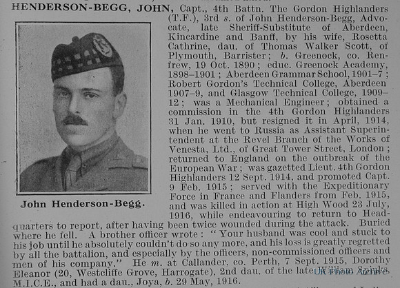 Henderson-Begg J Captain 4th Gordon Highlanders Obit