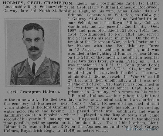 Holmes C C Lt 1st Lincolnshire Regiment Obit