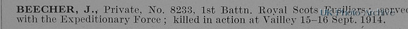 Beecher J Pte 8233 1st Royal Scots Fusiliers Obit
