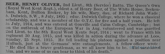 Beer H O 2nd Lt 8th Queens Own Royal West Kent Regiment Obit