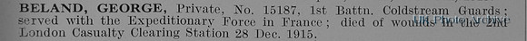 Beland G Pte 15187 1st Coldstream Guards Obit