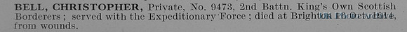 Bell C Pte 9473 2nd Kings Own Scottish Borderers Obit