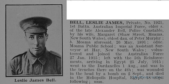 Bell L J Pte 1921 1st Australian Imperial Force Obit