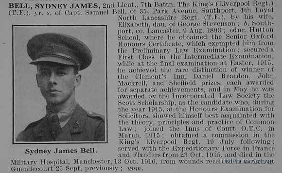 Bell S J 2nd Lt 7th Kings Liverpool Regiment Obit
