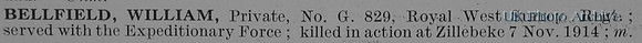 Bellfield W Pte G/829 2nd Queen's Royal West Surrey Regiment Obit