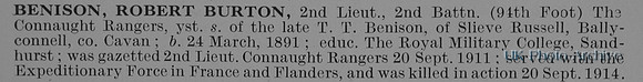 Benison R B 2nd Lt 2nd Connuaght Rangers Obit