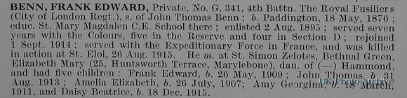 Benn F E Pte G/341 4th Royal Fusiliers Obit