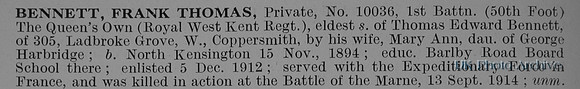 Bennett F T Pte 10036 !st Queens Own Royal West Kent Regiment Obit
