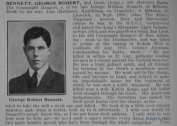 Bennett G R 2nd Lt 5th Connaught Rangers Obit