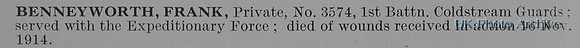 Benneyworth F Pte 3574 1st Coldstream Guards Obit