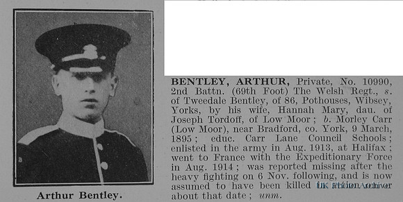 Bentley A Pte 10990 2nd Welsh Regiment Obit