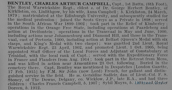 Bentley C A C Captain 1st Royal Warwickshire Regiment Obit