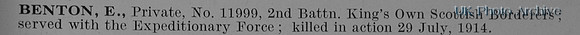 Benton E Pte 11999 2nd Kings Own Scottish Borderers Obit