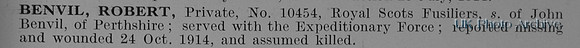 Benvil R Pte 10454 Royal Scots Fusiliers Obit