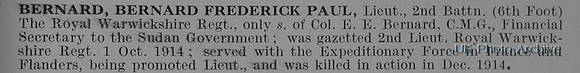 Bernard B F P Lt 2nd Royal Warwickshire Regiment Obit