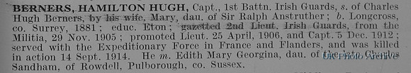 Berners H H Captain 1st Irish Guards Obit