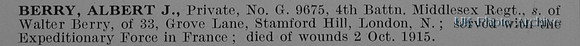 Berry A J Pte G/9675 4th Middlesex Regiment Obit